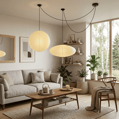 Handcrafted Whimsy 2-light Washi paper spider pendant lamp with sphere and oval shades for Japandi living room.
