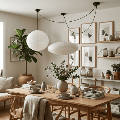 Handcrafted Whimsy 2-light Washi paper spider pendant lamp with sphere and oval shades for Japandi living room.