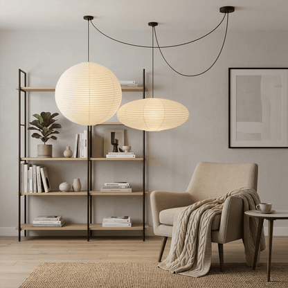 Handcrafted Whimsy 2-light Washi paper spider pendant lamp with sphere and oval shades for Japandi living room.