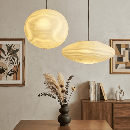 Handcrafted Whimsy 2-light Washi paper spider pendant lamp with sphere and oval shades for Japandi living room.
