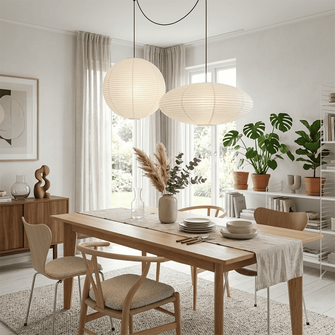 Handcrafted Whimsy 2-light Washi paper spider pendant lamp with sphere and oval shades for Japandi living room.