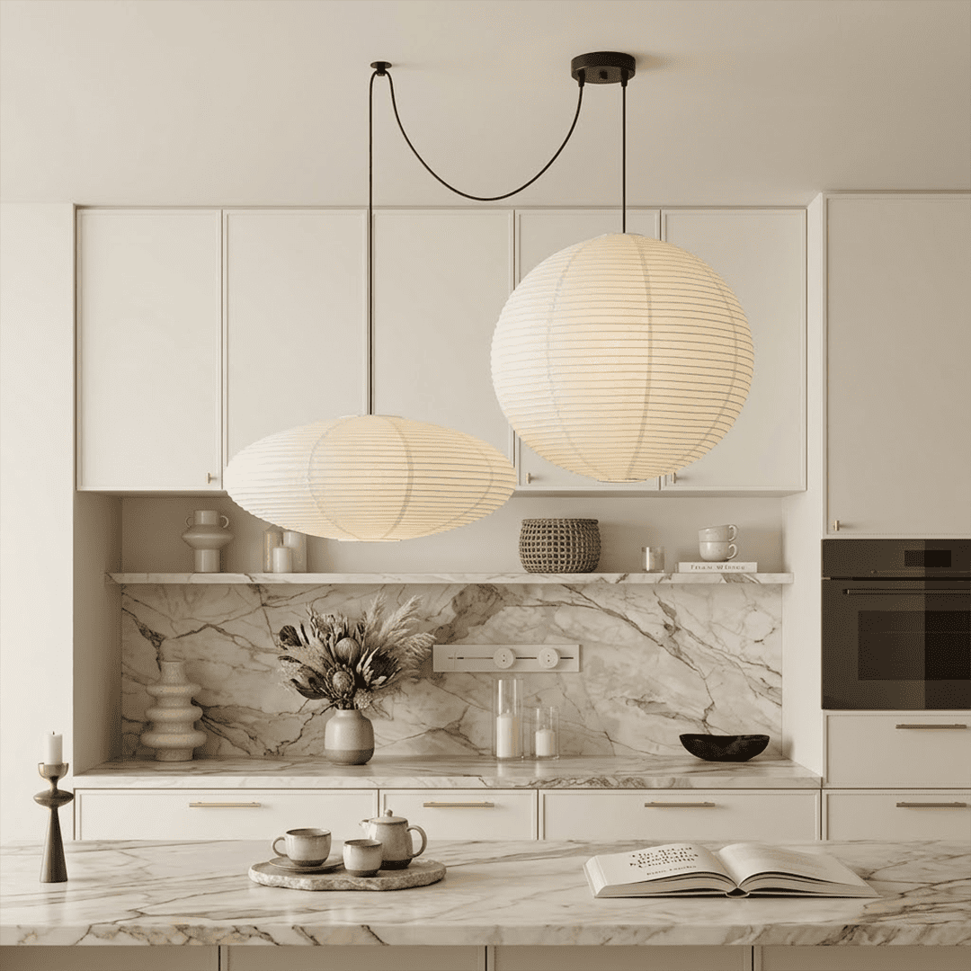 Handcrafted Whimsy 2-light Washi paper spider pendant lamp with sphere and oval shades for Japandi living room.