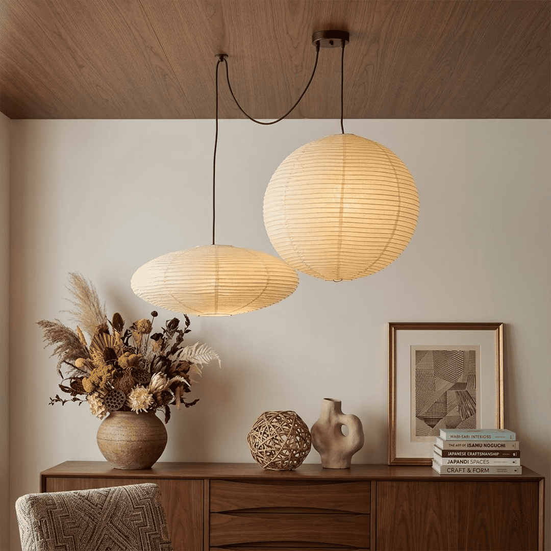 Handcrafted Whimsy 2-light Washi paper spider pendant lamp with sphere and oval shades for Japandi living room.