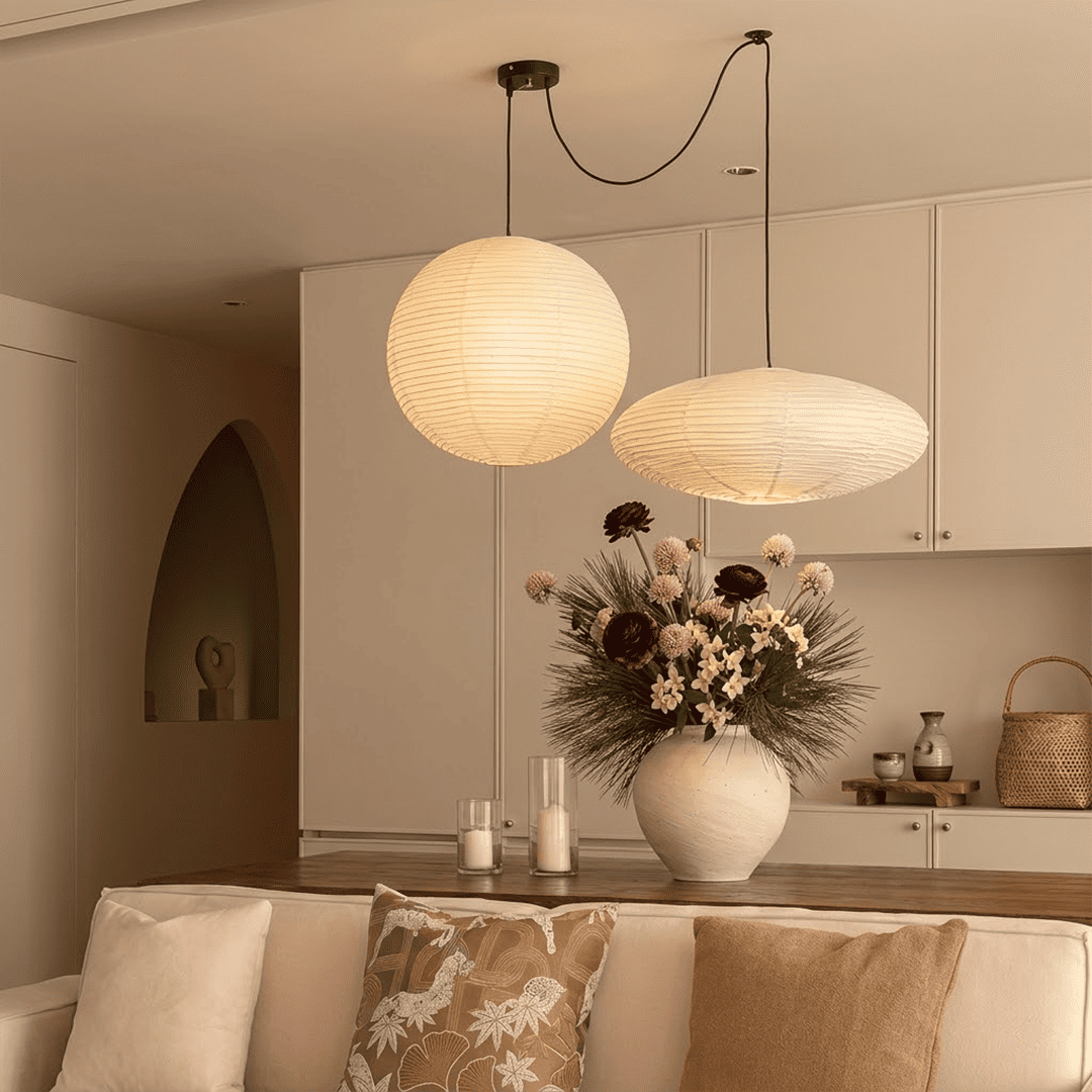 Handcrafted Whimsy 2-light Washi paper spider pendant lamp with sphere and oval shades for Japandi living room.