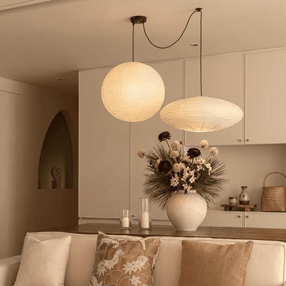 Handcrafted Whimsy 2-light Washi paper spider pendant lamp with sphere and oval shades for Japandi living room.