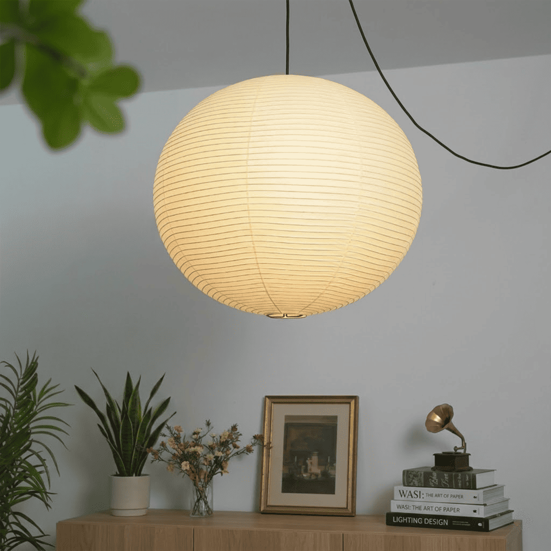 Handcrafted Whimsy 2-light Washi paper spider pendant lamp with sphere and oval shades for Japandi living room.