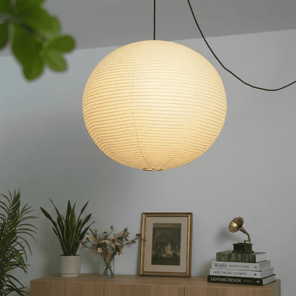 Handcrafted Whimsy 2-light Washi paper spider pendant lamp with sphere and oval shades for Japandi living room.