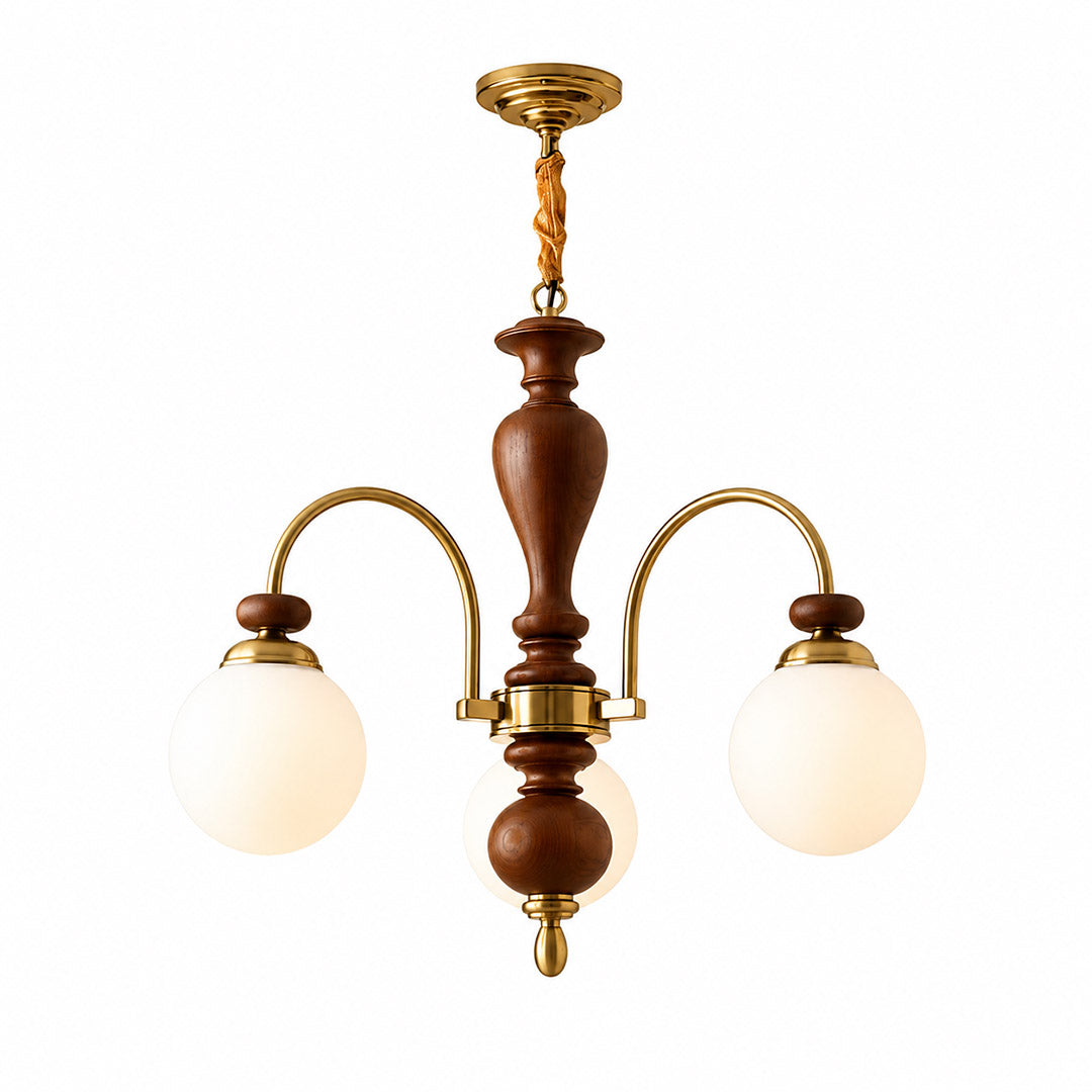 Windsor walnut chandelier  above dining table warm glowing light living room