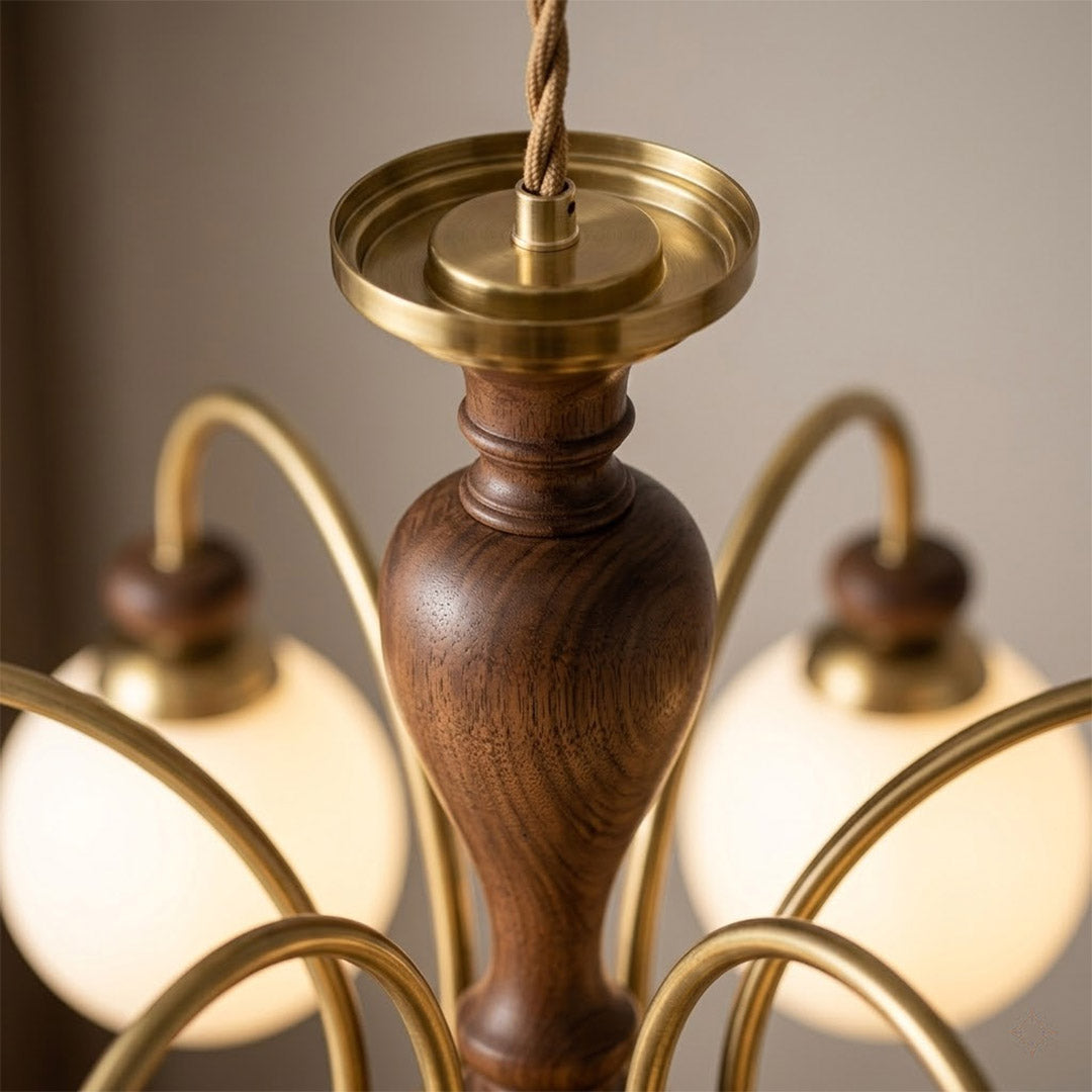 Windsor walnut chandelier  above dining table warm glowing light living room