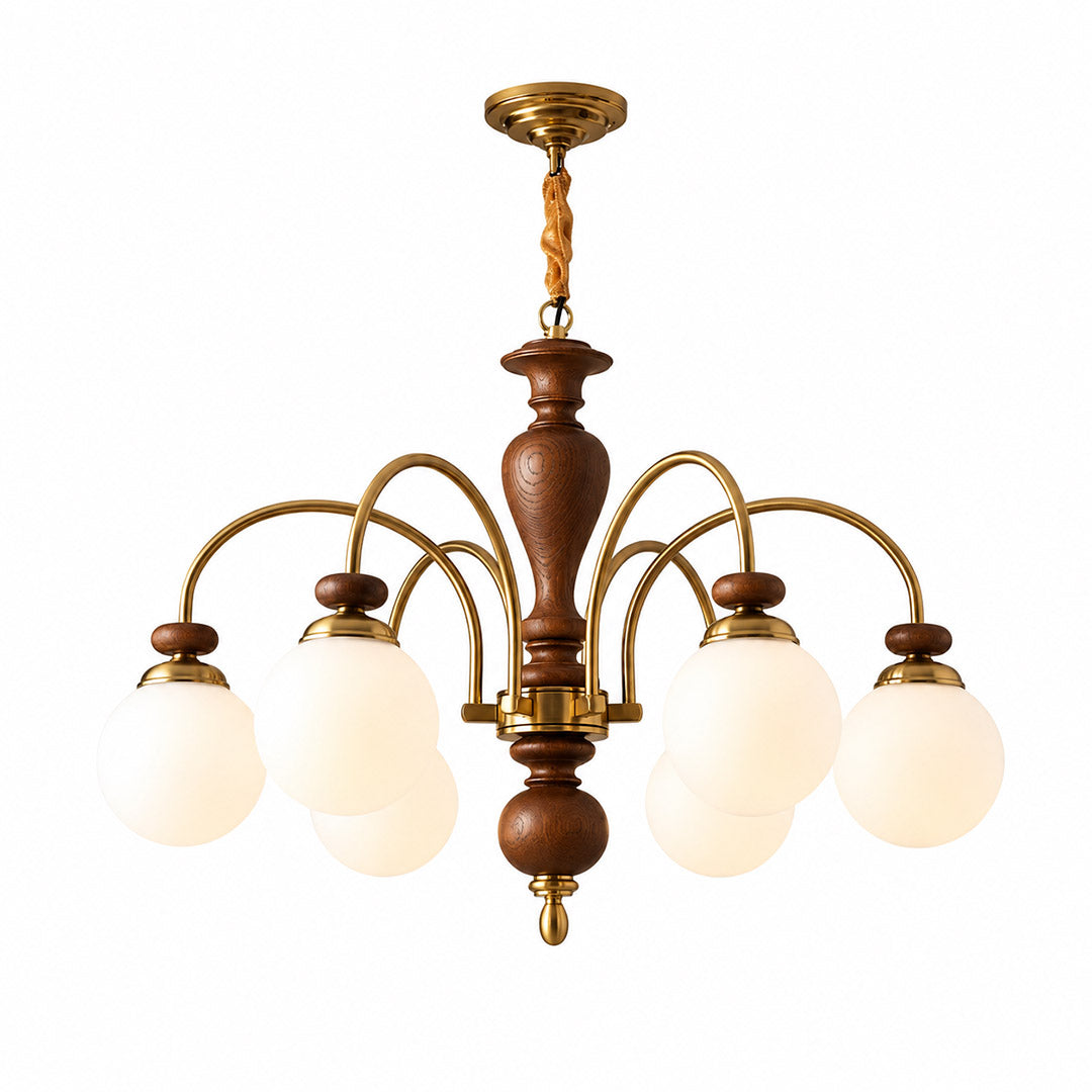Windsor walnut chandelier  above dining table warm glowing light living room