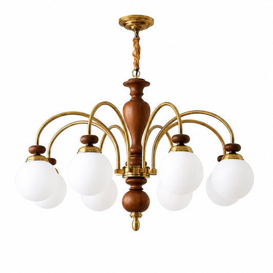 Windsor walnut chandelier 3-light above dining table warm glowing light living room