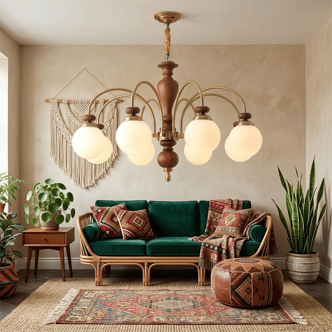 Windsor walnut chandelier 3-light above dining table warm glowing light living room