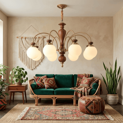 Windsor walnut chandelier 3-light above dining table warm glowing light living room