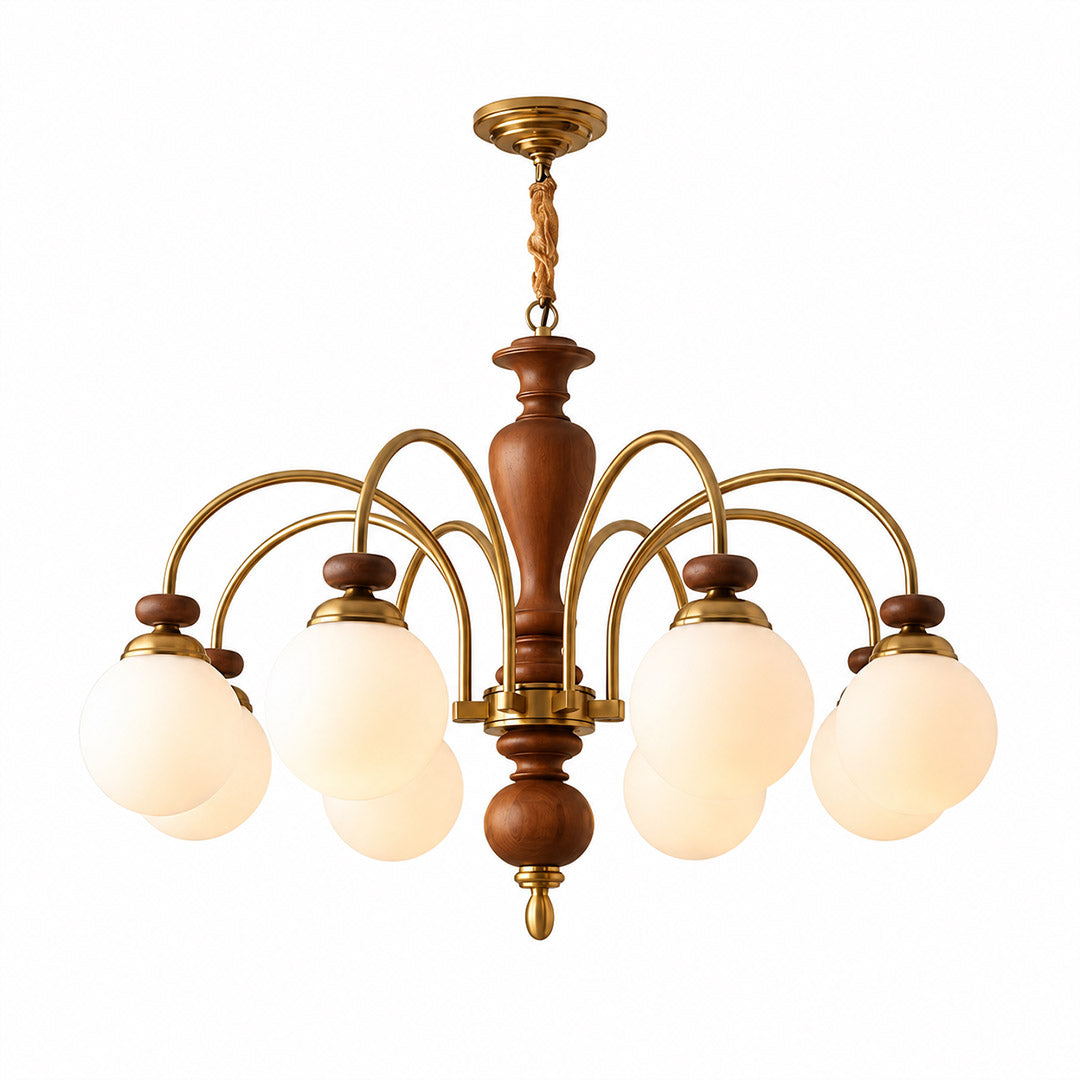 Windsor walnut chandelier 3-light above dining table warm glowing light living room