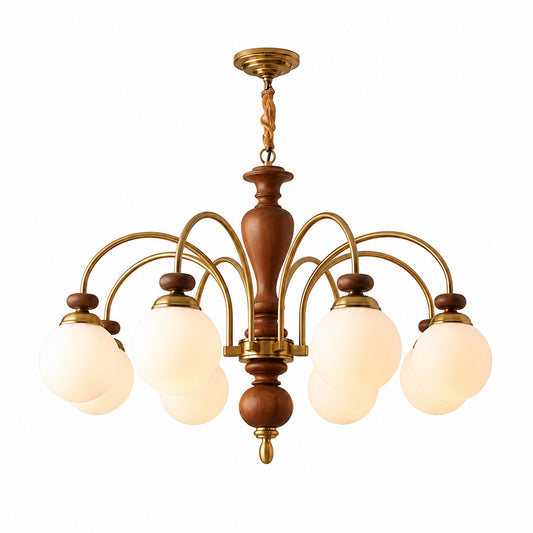 Windsor walnut chandelier 3-light above dining table warm glowing light living room