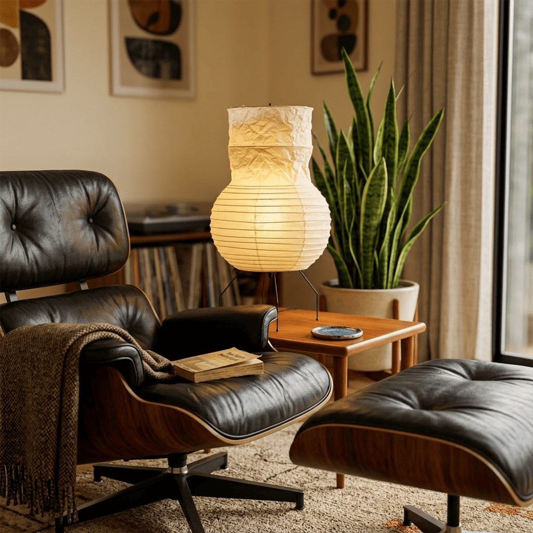 Handcrafted Zara Washi paper table lamp with unique crinkled texture and black tripod base in a Zen interior