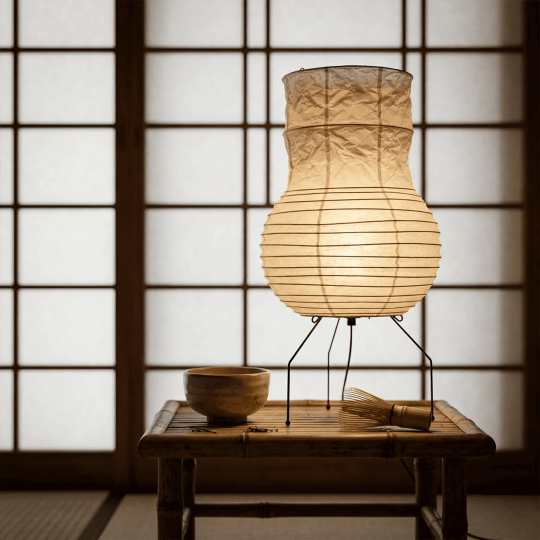Handcrafted Zara Washi paper table lamp with unique crinkled texture and black tripod base in a Zen interior