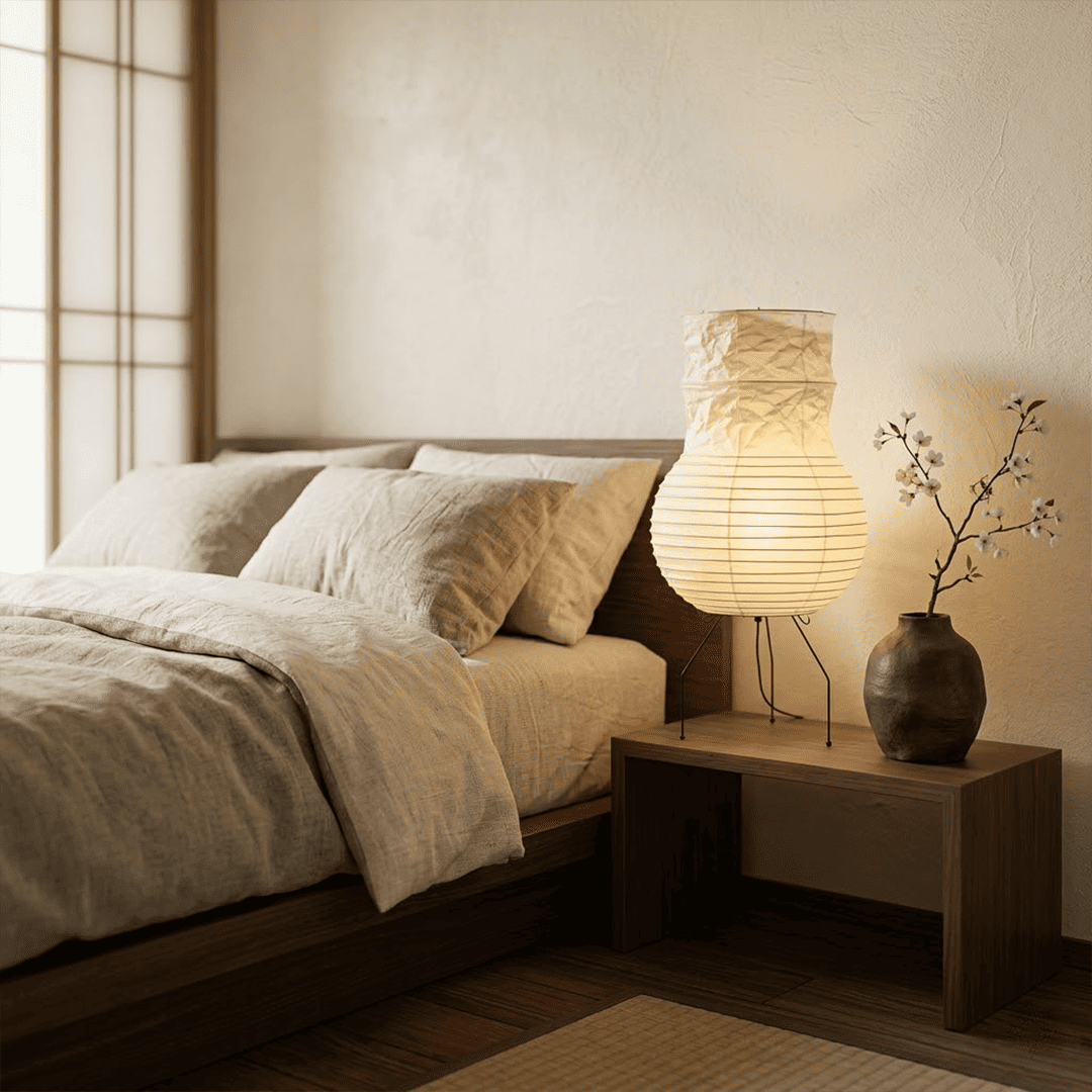 Handcrafted Zara Washi paper table lamp with unique crinkled texture and black tripod base in a Zen interior