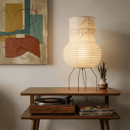 Handcrafted Zara Washi paper table lamp with unique crinkled texture and black tripod base in a Zen interior