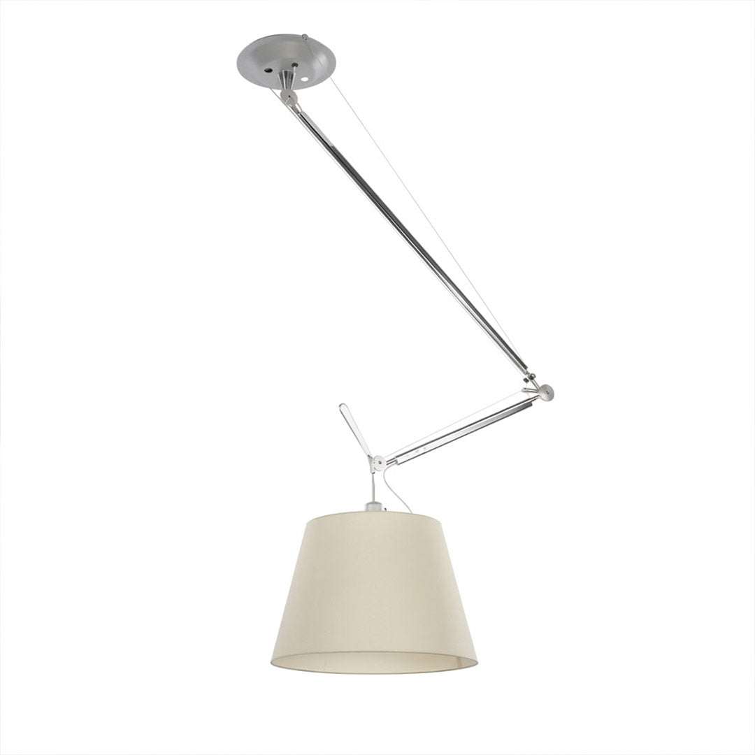 Tate industrial chandelier 9.4 inch brushed aluminum frame parchment paper shade single adjustable arm white background