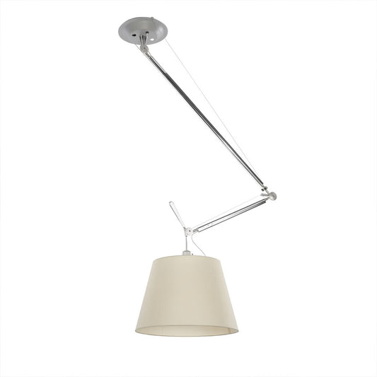 Tate industrial chandelier 9.4 inch brushed aluminum frame parchment paper shade single adjustable arm white background