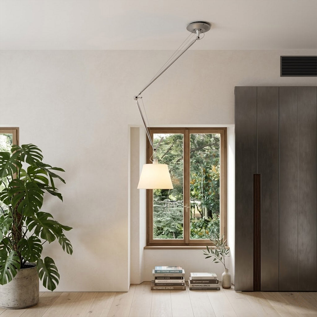 Tate industrial chandelier design studio workspace minimalist interior aluminum parchment focused task lighting