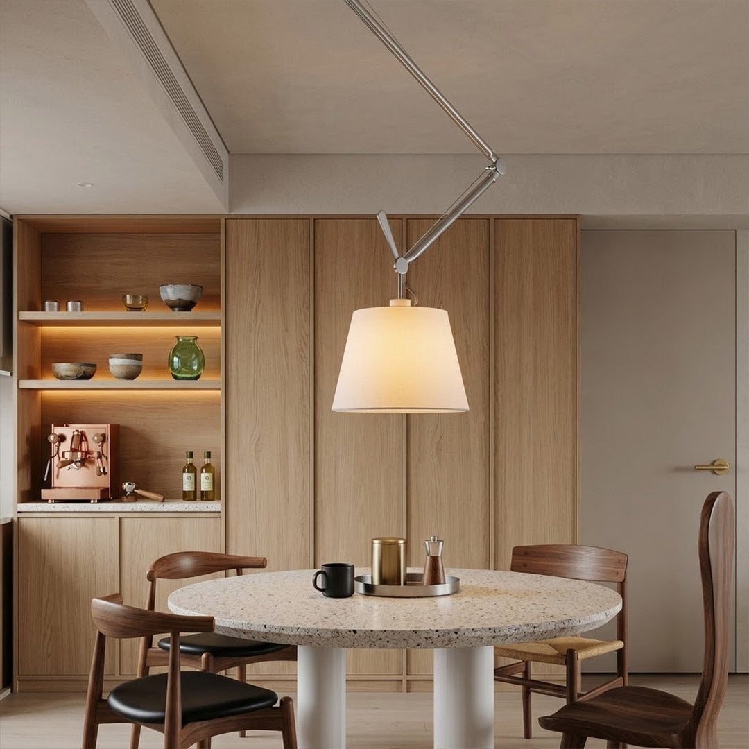 Tate industrial chandelier modernist dining room above rectangular table warm parchment glow minimalist interior