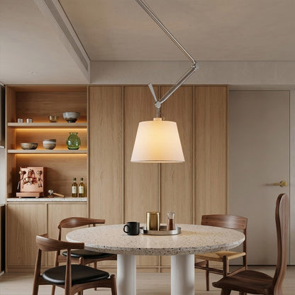 Tate industrial chandelier modernist dining room above rectangular table warm parchment glow minimalist interior