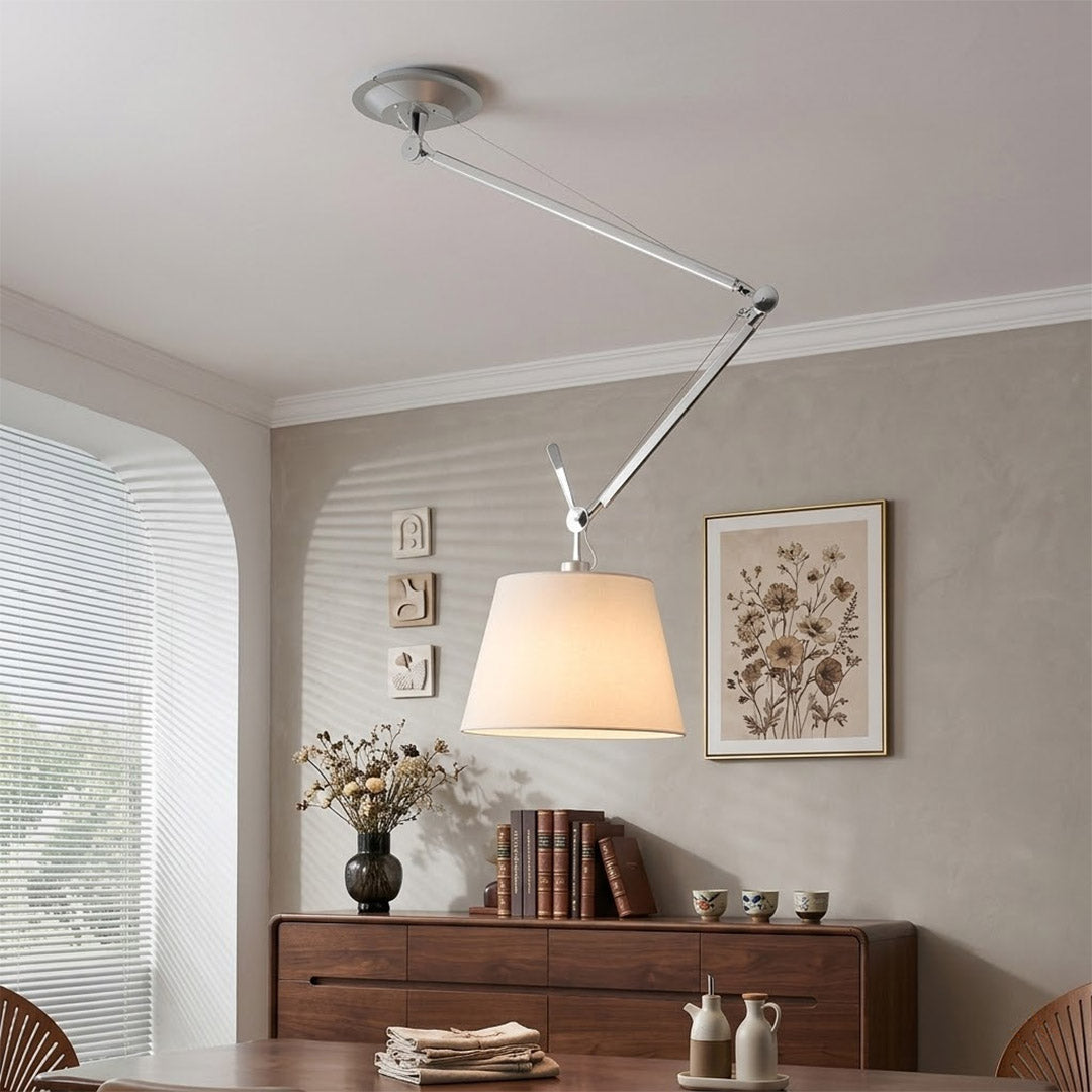 Tate industrial chandelier design studio workspace minimalist interior aluminum parchment focused task lighting