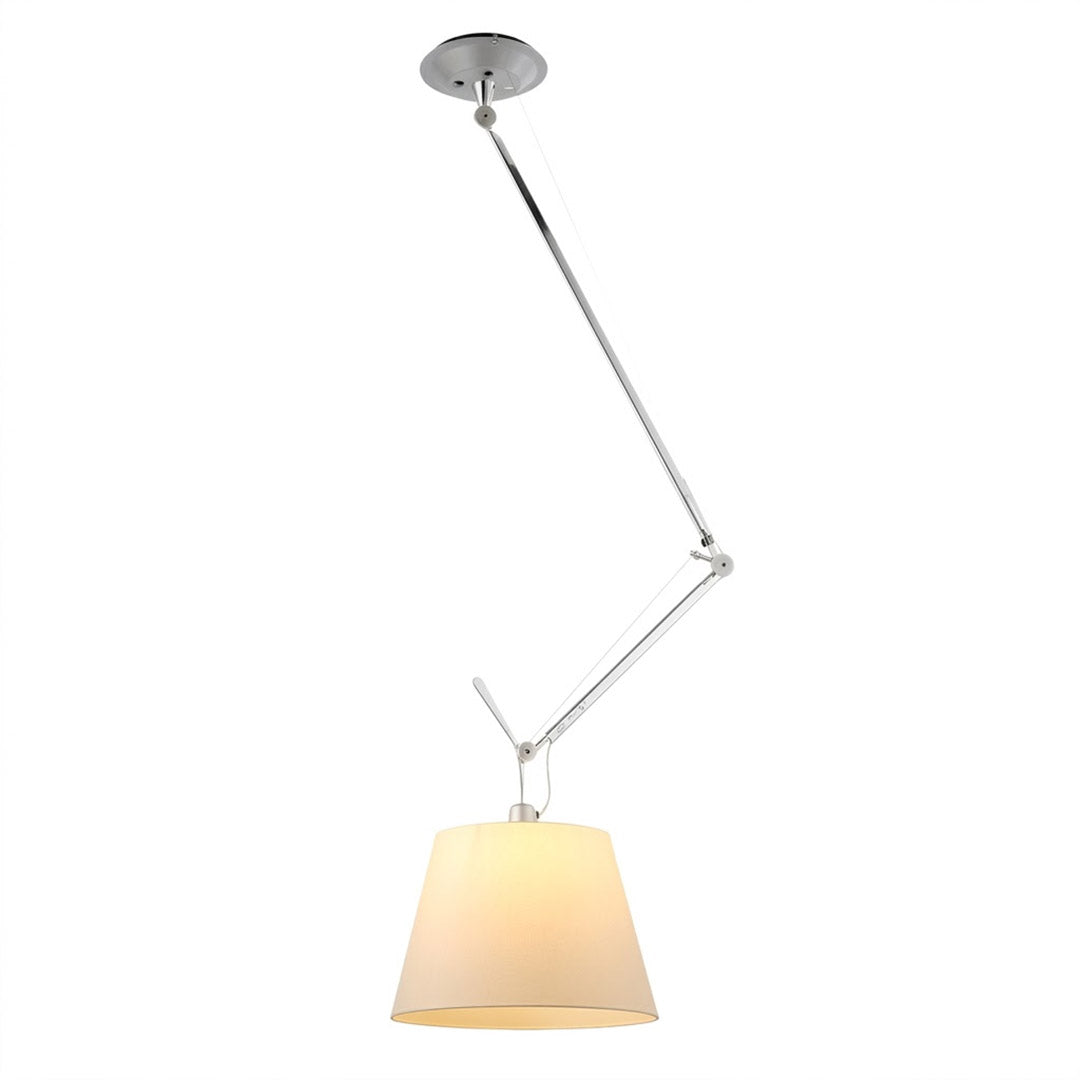 Tate industrial chandelier 14.2 inch brushed aluminum frame parchment paper shade single adjustable arm white background