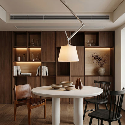 Tate industrial chandelier loft apartment dining table exposed brick walls aluminum frame parchment warm interior