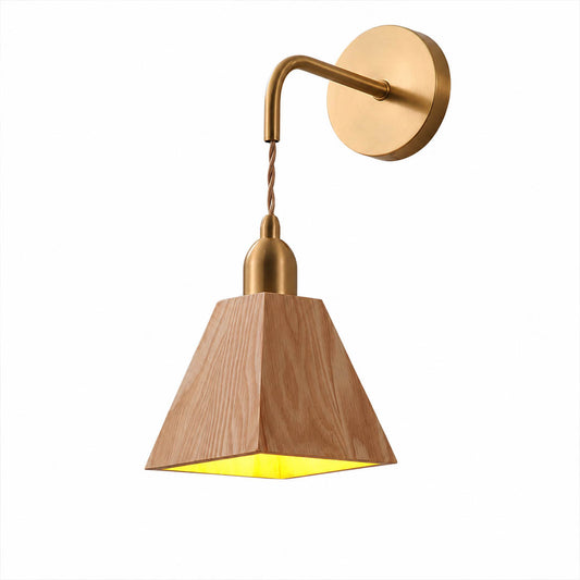 Tavo geometric wood wall light beige wood brass geometric shade modern minimal sconce white background front view