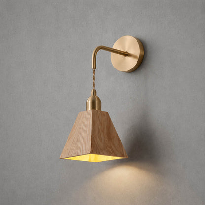 Tavo geometric wood wall light beige wood brass geometric shade modern minimal sconce white background front view