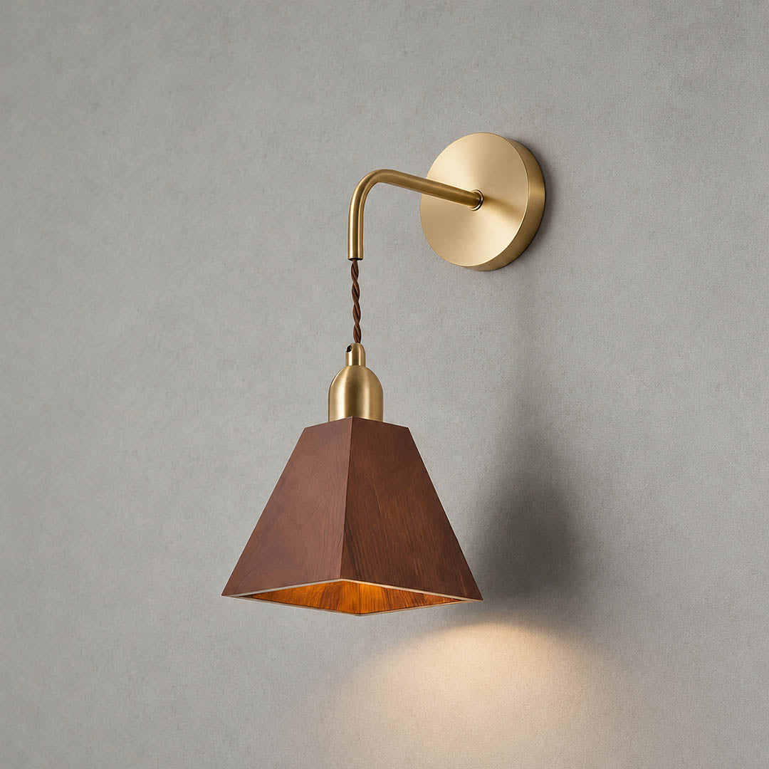 Tavo geometric wood wall light brown wood brass geometric shade modern minimal sconce white background front view