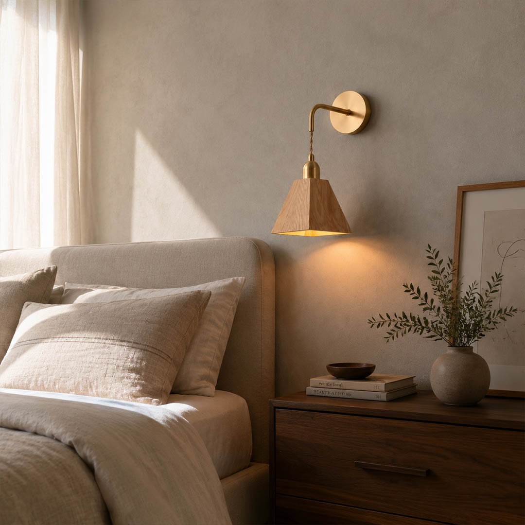 Tavo geometric wood wall light bedroom bedside geometric wood brass warm glow cozy modern minimal American home lifestyle interior styled