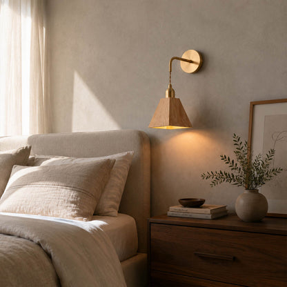 Tavo geometric wood wall light bedroom bedside geometric wood brass warm glow cozy modern minimal American home lifestyle interior styled