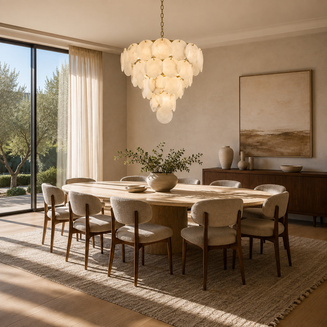 Tiara alabaster chandelier casting warm light over an elegant dining room table
