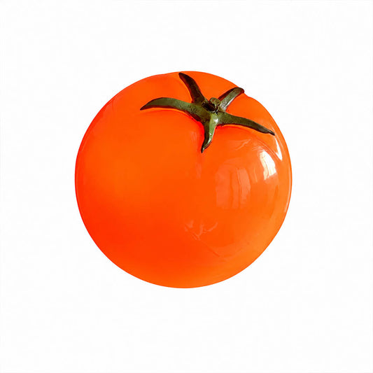 Tomato glass table lamp red glass body green stem whimsical fruit shaped art deco white background front view