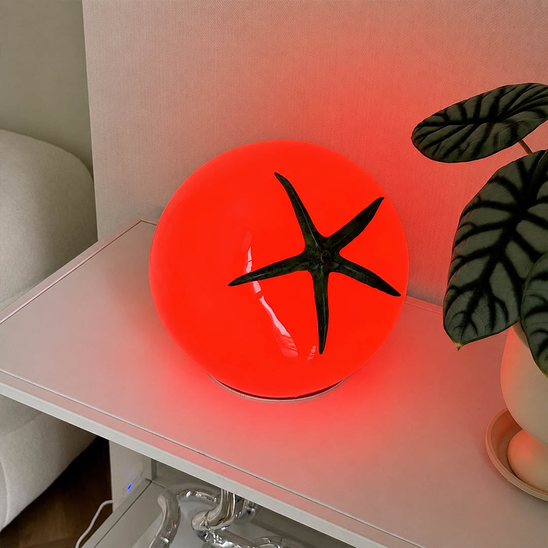 Tomato glass table lamp shelf console red glass green stem whimsical accent warm American home lifestyle interior styled