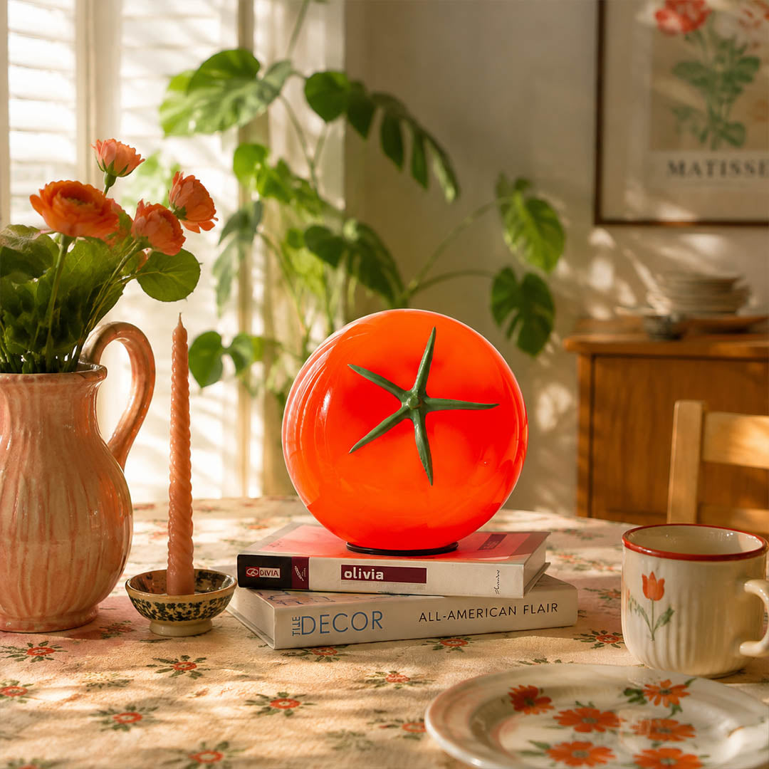 Tomato glass table lamp dining room table red glass whimsical fun warm American home lifestyle interior styled