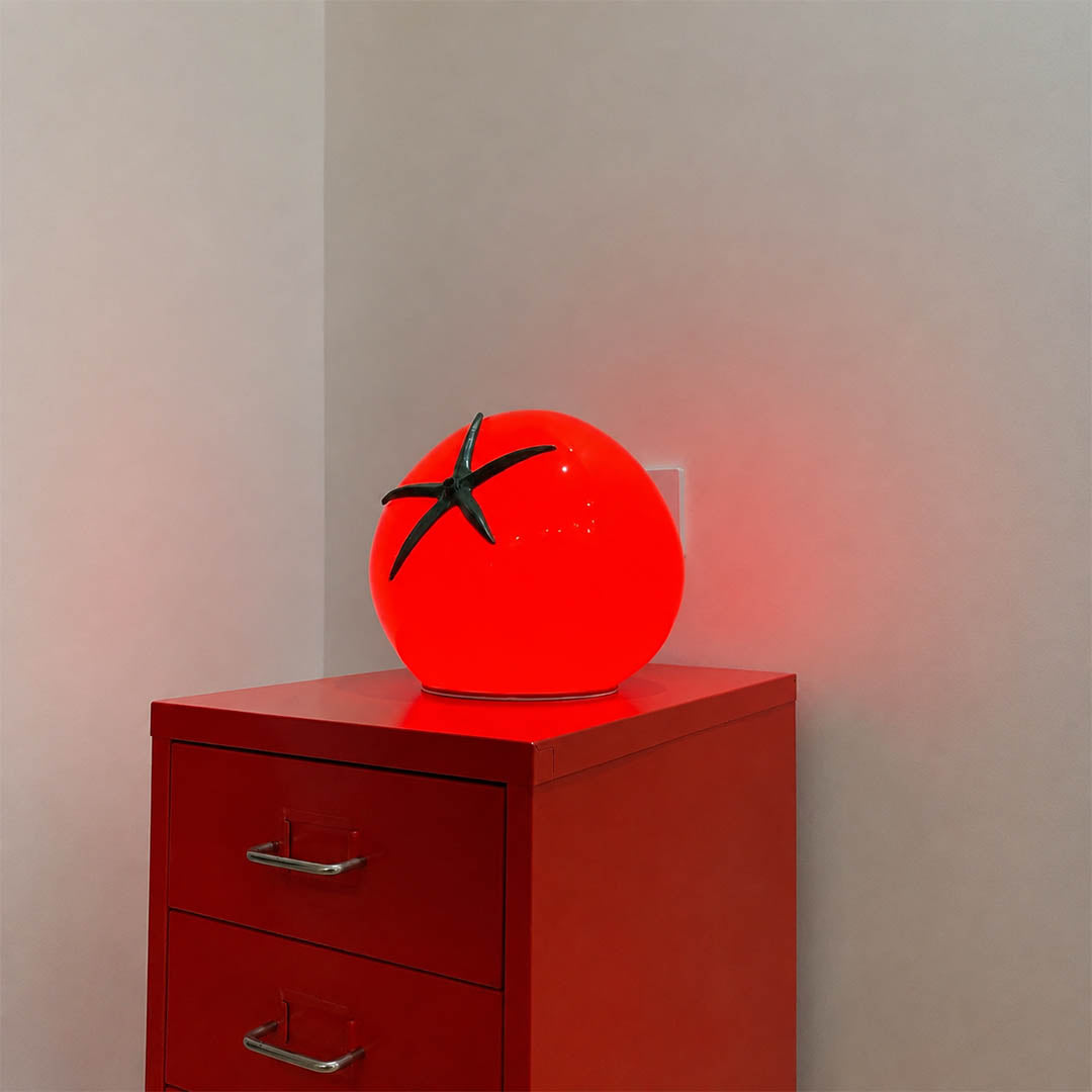 Tomato glass table lamp shelf console red glass green stem whimsical accent warm American home lifestyle interior styled