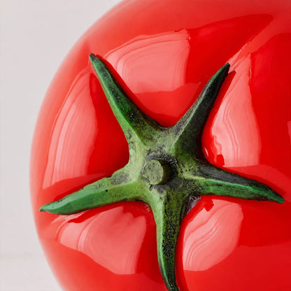 Tomato glass table lamp red glass body green glass stem realistic tomato detail close up whimsical craftsmanship
