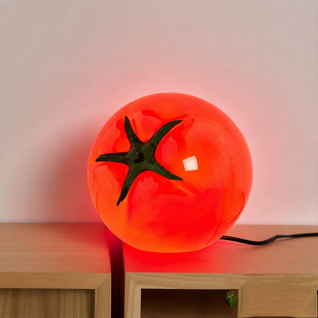 Tomato glass table lamp bedroom nightstand bedside red glass whimsical warm glow cozy American home lifestyle interior styled