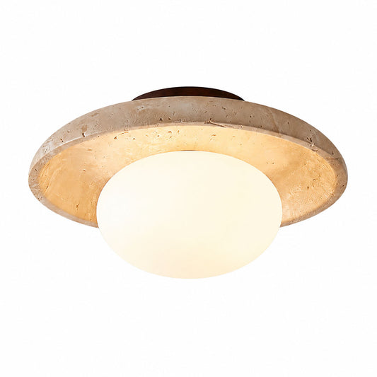 Tondo travertine ceiling light yellow travertine stone milky glass diffuser flush mount low profile minimalist white background