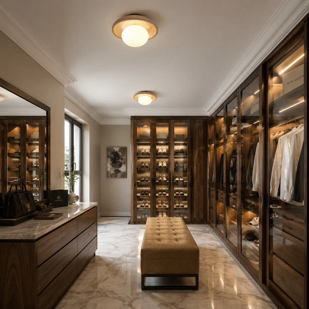 Tondo travertine ceiling light closet landing warm glow travertine stone glass flush mount American home lifestyle interior styled