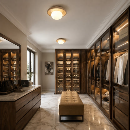 Tondo travertine ceiling light closet landing warm glow travertine stone glass flush mount American home lifestyle interior styled