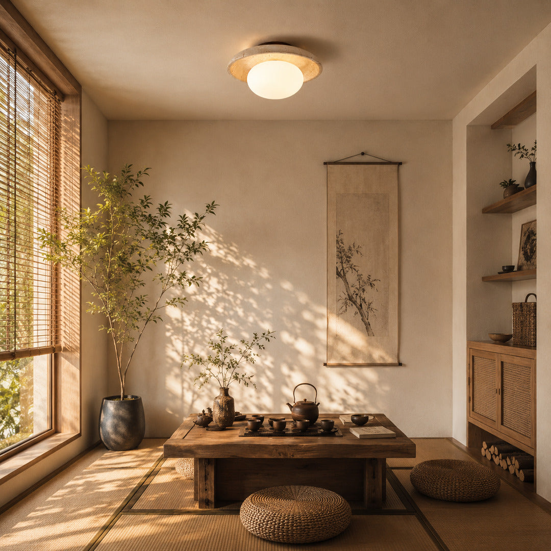 Tondo travertine ceiling light wabi sabi japandi natural stone space travertine glass warm American home lifestyle interior styled
