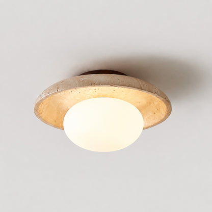 Tondo travertine ceiling light yellow travertine stone milky glass diffuser flush mount low profile minimalist white background