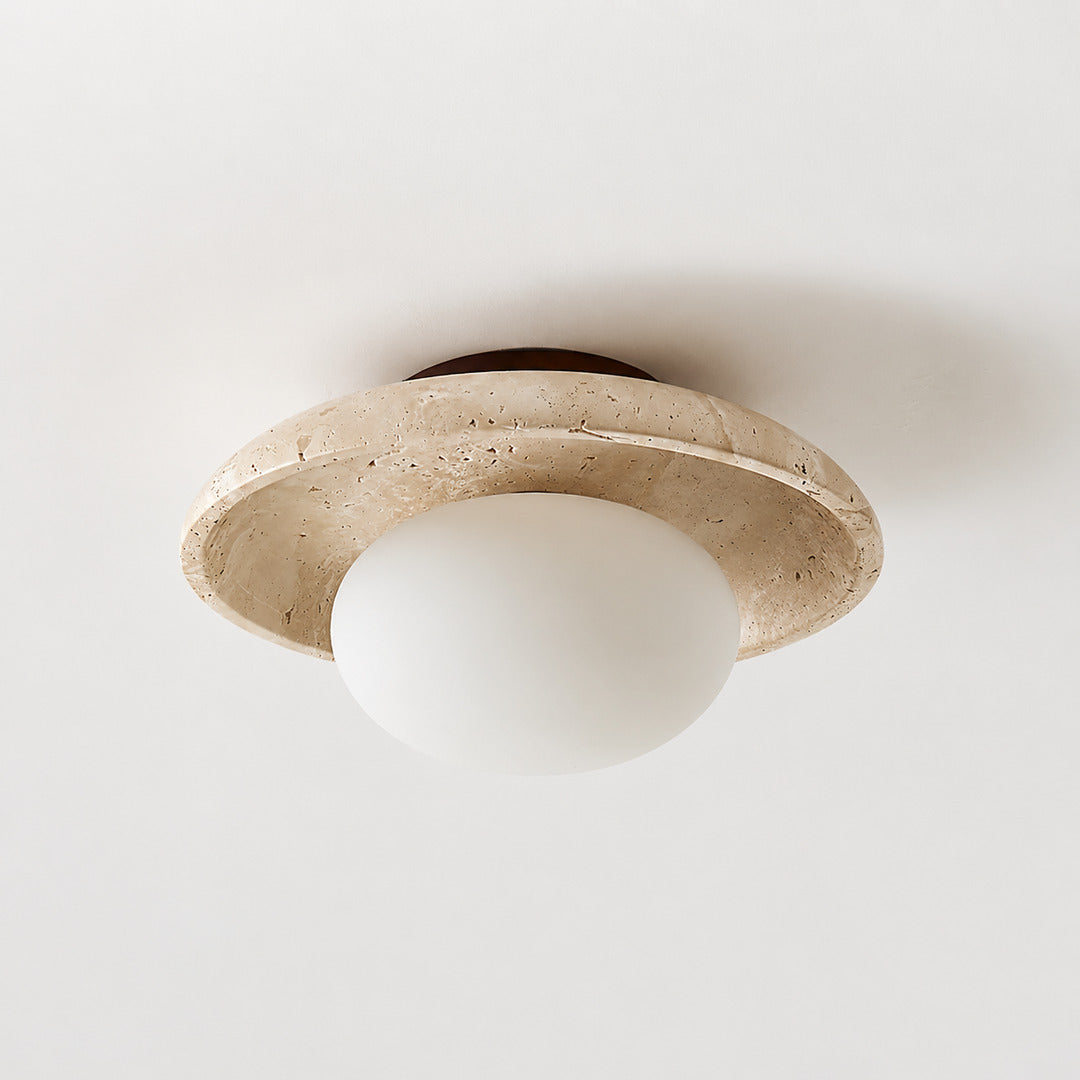 Tondo travertine ceiling light yellow travertine stone milky glass diffuser flush mount low profile minimalist white background