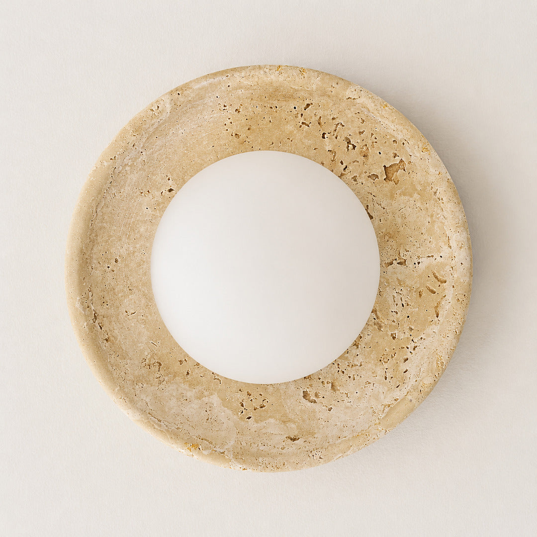 Tondo travertine ceiling light flush mount low profile slim side silhouette ceiling detail
